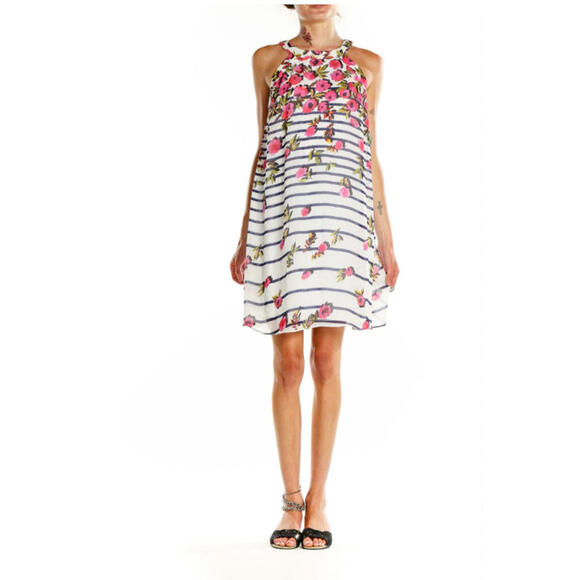 Betsey Johnson Floral Printed White A Line Halter Tank Mini Dress Lined Size 14 - Picture 1 of 9